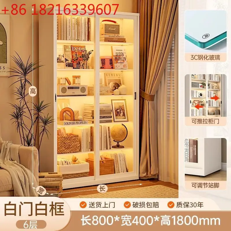 ตู้หนังสือบานเลื่อน ตู้โชว์บานเลื่อนพร้อมกุญแจ ตู้โชว์กันฝุ่น ชั้นวางหนังสือเด็ก ประตูเหล็กกระจก