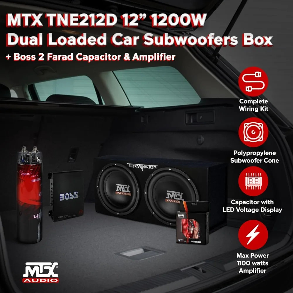 Dual Loaded Car Audio Subwoofer Package with Sub Enclosure, Wiring Kit and Capacitor