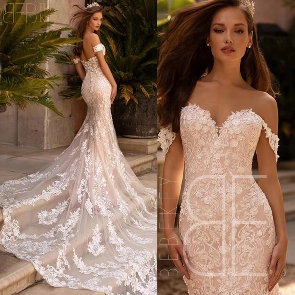 فستان زفاف من الدانتيل الأنيق من BEBEKEY مخصص قبالة الكتف حورية البحر لحفلات الزفاف فساتين الزفاف فساتين رسمية