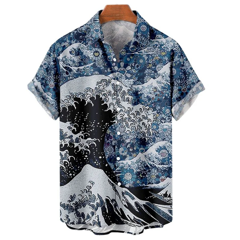 Fashion Sea Wave Pattren Hawaiian Shirts Summer Trend Short Sleeve Sunset 3D Printed Shirts Streetwear Oversized Mens Blouse