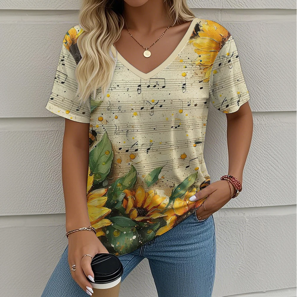 

Summer Gradient 3D Art Floral Print Graphics Tops Women's T-Shirts V Neck Fashion Vintage Clothing Tees Loose Oversized T Shirts