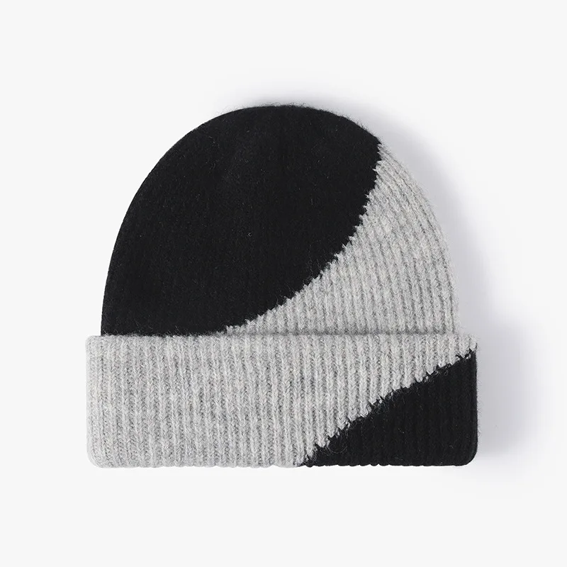 Two Tone Color Block Ribbed Knit Beanie Soft Fuzzy Fold Cuff Warm Winter Skull Cap Unisex Streetwear Daily Hat