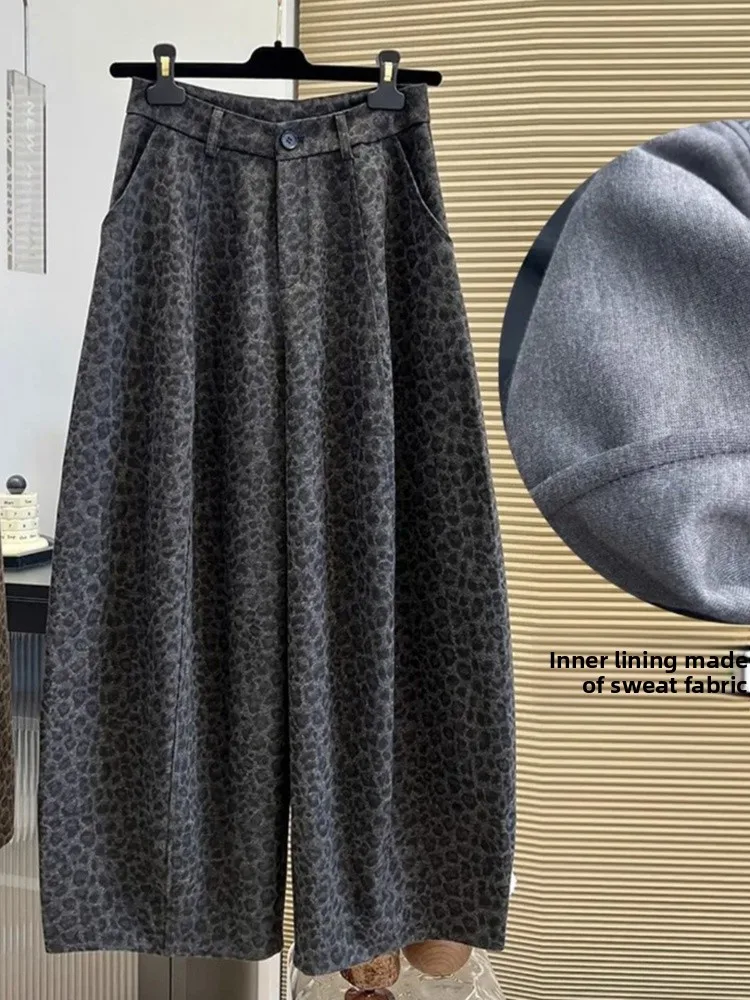 Retro Leopard Print Fce Lined Casual Pants Women's Autumn Winter plus Size Loose Hip Concealing Slim Wide Leg Pants