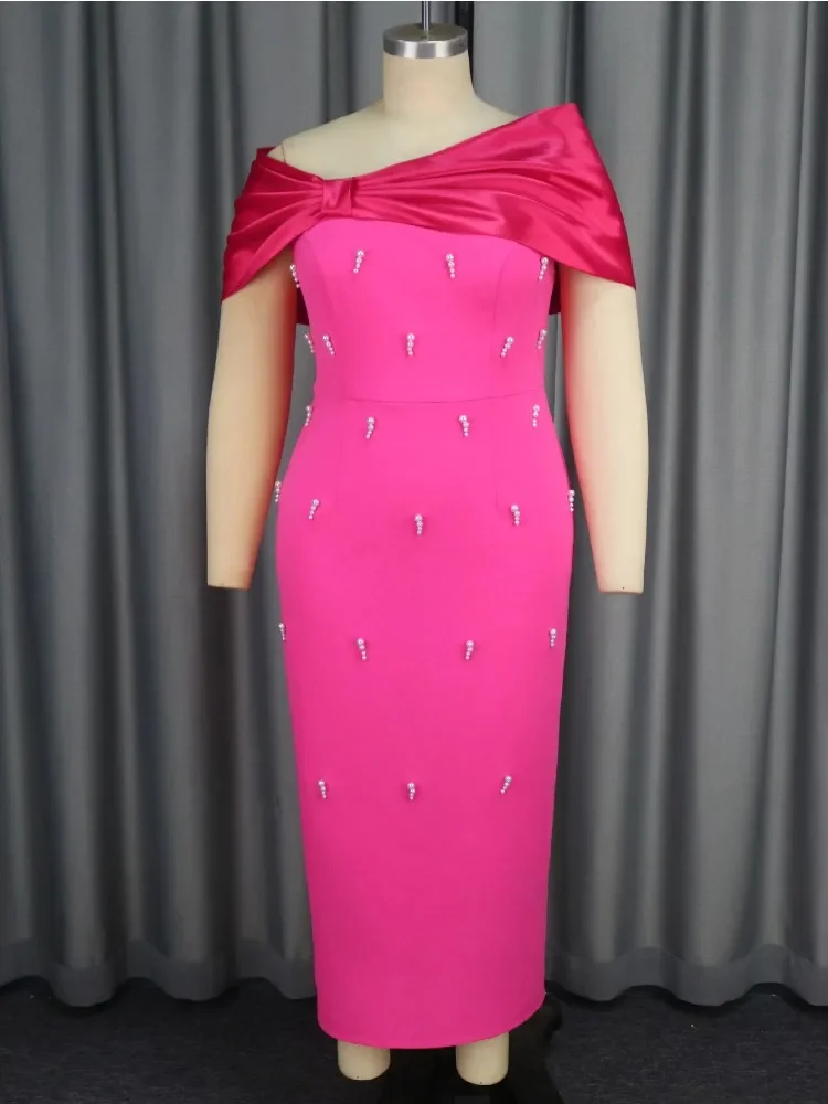 

Off Shoulder Plus Size Midi Dresses with Pearl Embellishments and Bow Perfect for Cocktail Parties Weddings and Formal Occasions