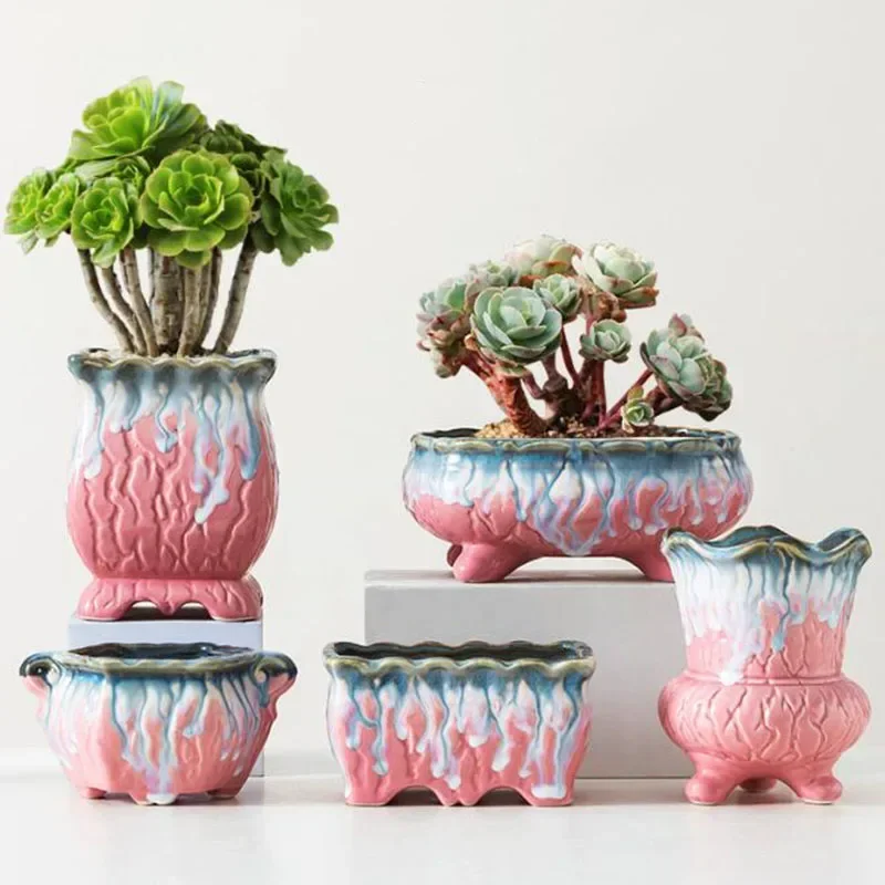 Creative Glazed Flowerpot Succulent Plant Pot Bonsai Pot Green Plant Breathable Vase Desktop Ornaments Home Garden Decor