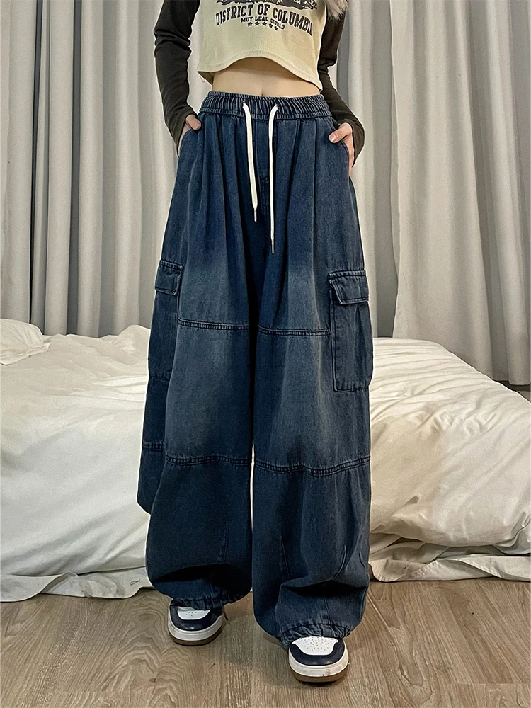 HOUZHOU Y2k Baggy Cargo Jeans for Women Oversize Wide Leg Denim Pants Female Hip Hop Trousers Pockets Streetwear Loose Patchwork