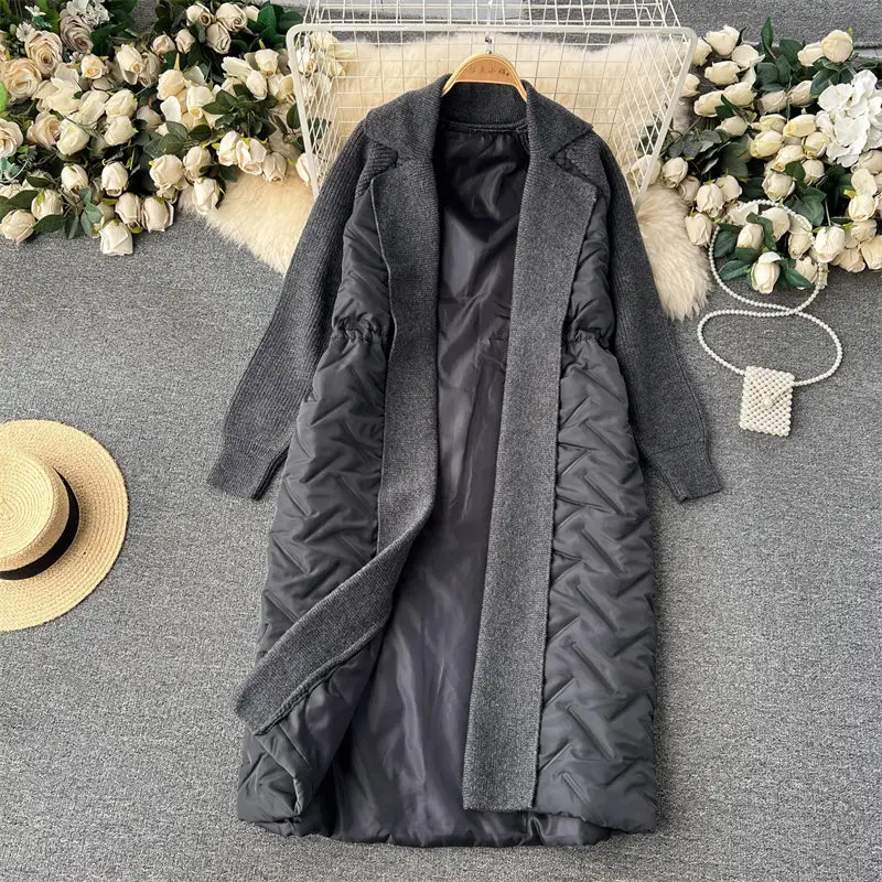 Medium Length Sweater Cotton Jacket Women's Winter Coat Thickened Warm Lazy Style Knitted Patchwork Cardigan Trendy Parka Z4273