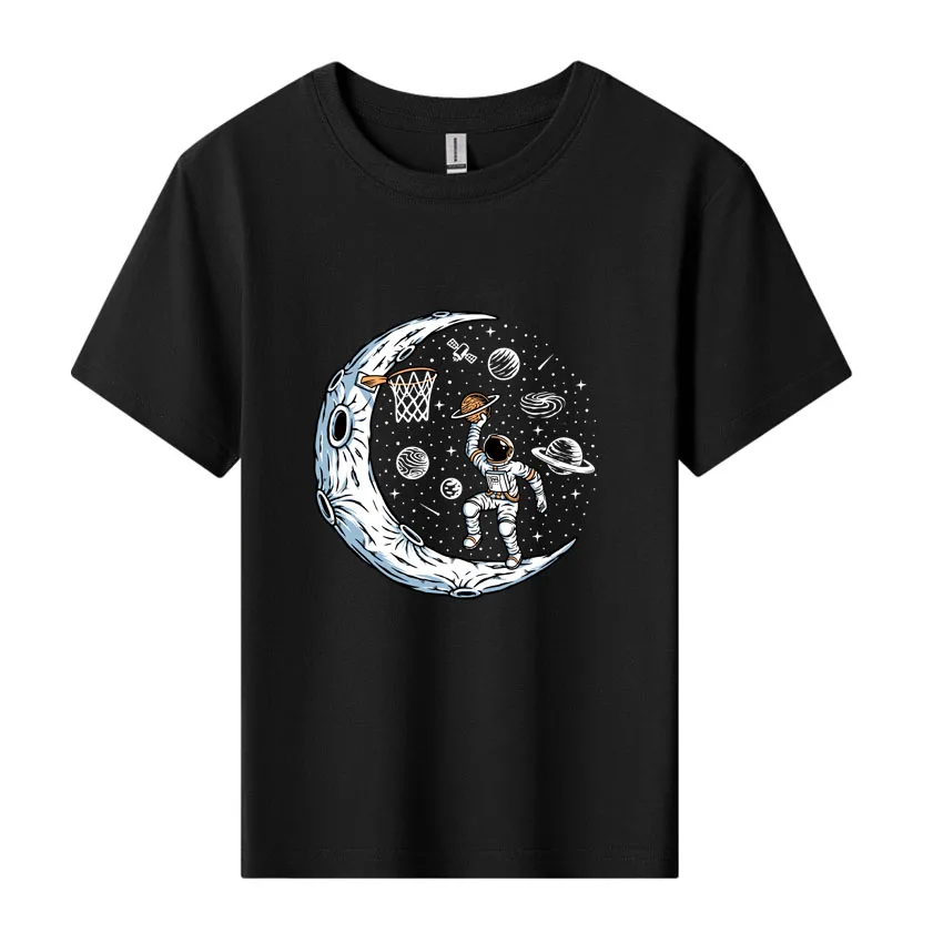 

Boys Girls Round Neck Short Sleeve Tops Cute Astronauts Travel in Space Printed Cotton Kids Summer Wear Cartoon T-shirts