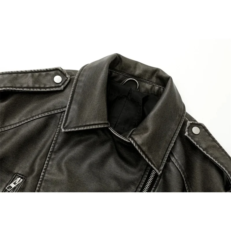 Bonny Giacca da motociclista vintage in pelle lavata da donna Cappotto corto con cerniera invecchiata con cintura staccabile Grigio antracite