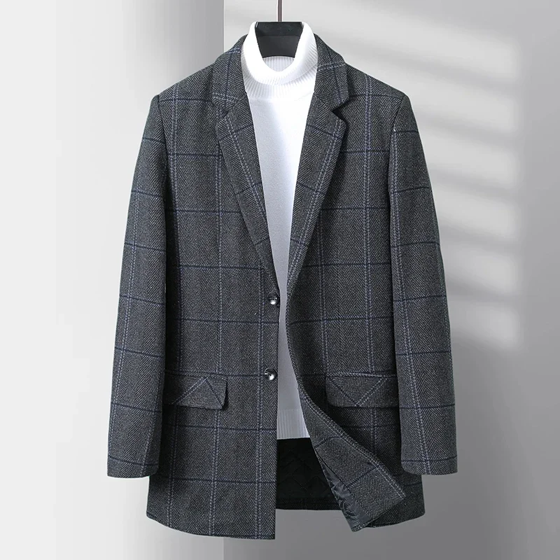 LIBIELIY High Quality Men's Plaid Woolen Coats Winter Business Casual Checker Cotton-Thick Windbreaker Jackets Outwear Slim Warm