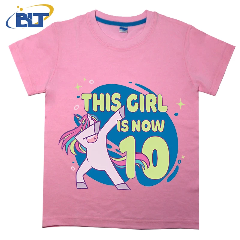 T-shirt à manches courtes imprimé licorne rose pour enfants, 10e anniversaire, mignon, coton, haut décontracté, adapté aux garçons et aux filles, été