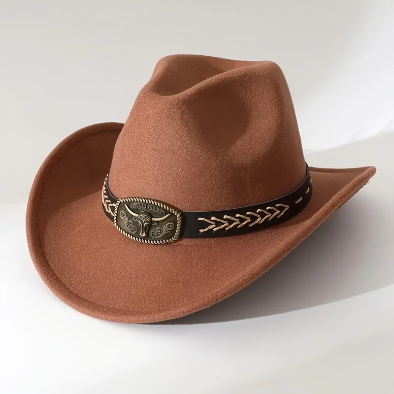 Classic Wide Brim Western Cowboy Hat Unisex, Vintage Belt Bull Head Decoration Cap, Perfect for Western Themed Party Events