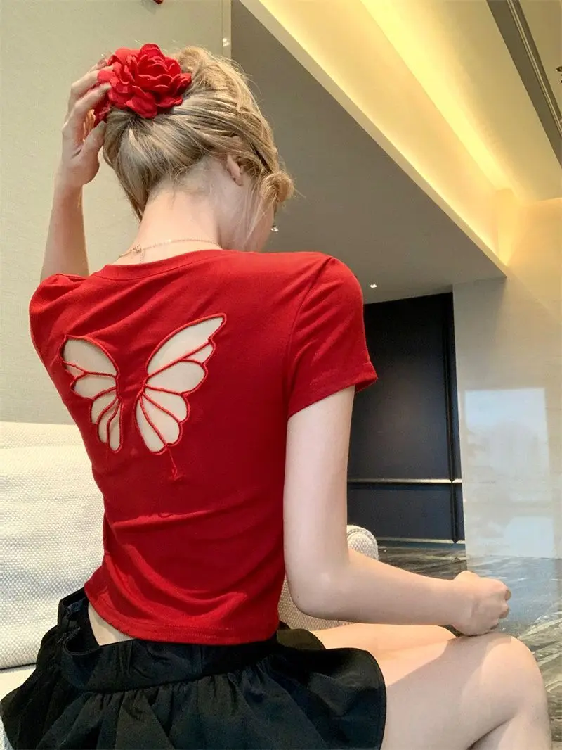 

Short Sleeve Round Women Red Neck Cotton Tops Casual Ladies Fashion Summer Black Butterfly Hollow Out T-Shirt Versatile Popular