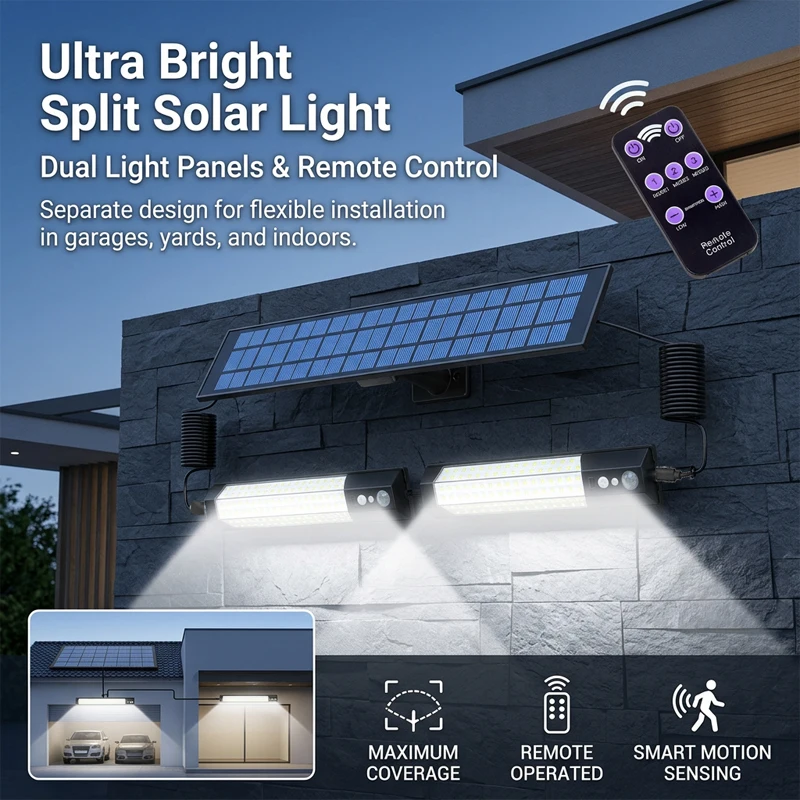 Lampe solaire à détecteur de mouvement LED 316/158, étanche, 7 modes, tête séparée, câble de 3 m, pour jardin, garage, cour, camping