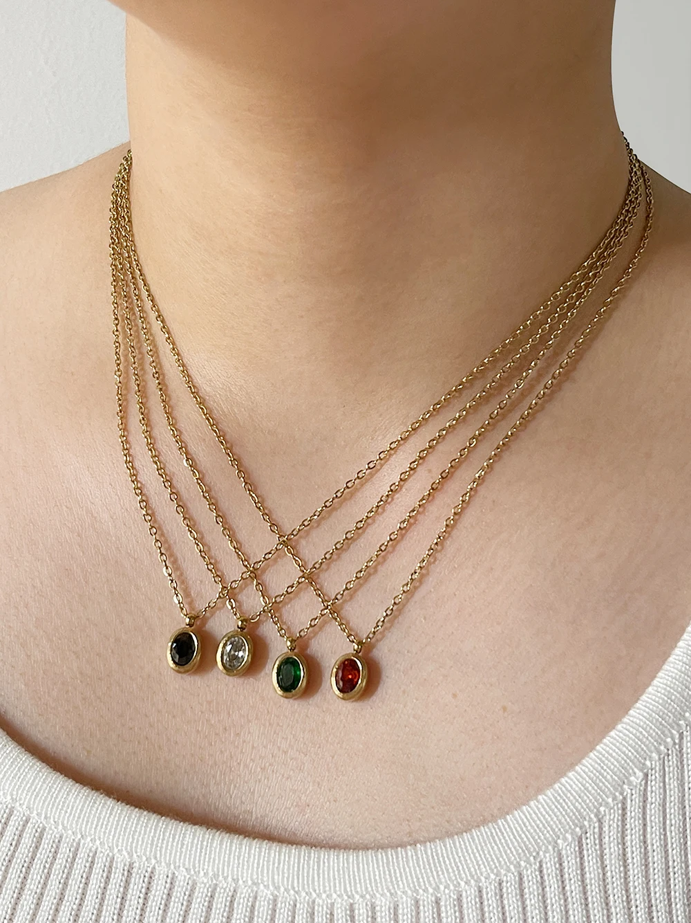 Peri\'sBox Multicolor Little Oval Zircon Pendant Necklace Women Stainless Steel Minimalist Gold Plated Layering Necklacs Jewelry