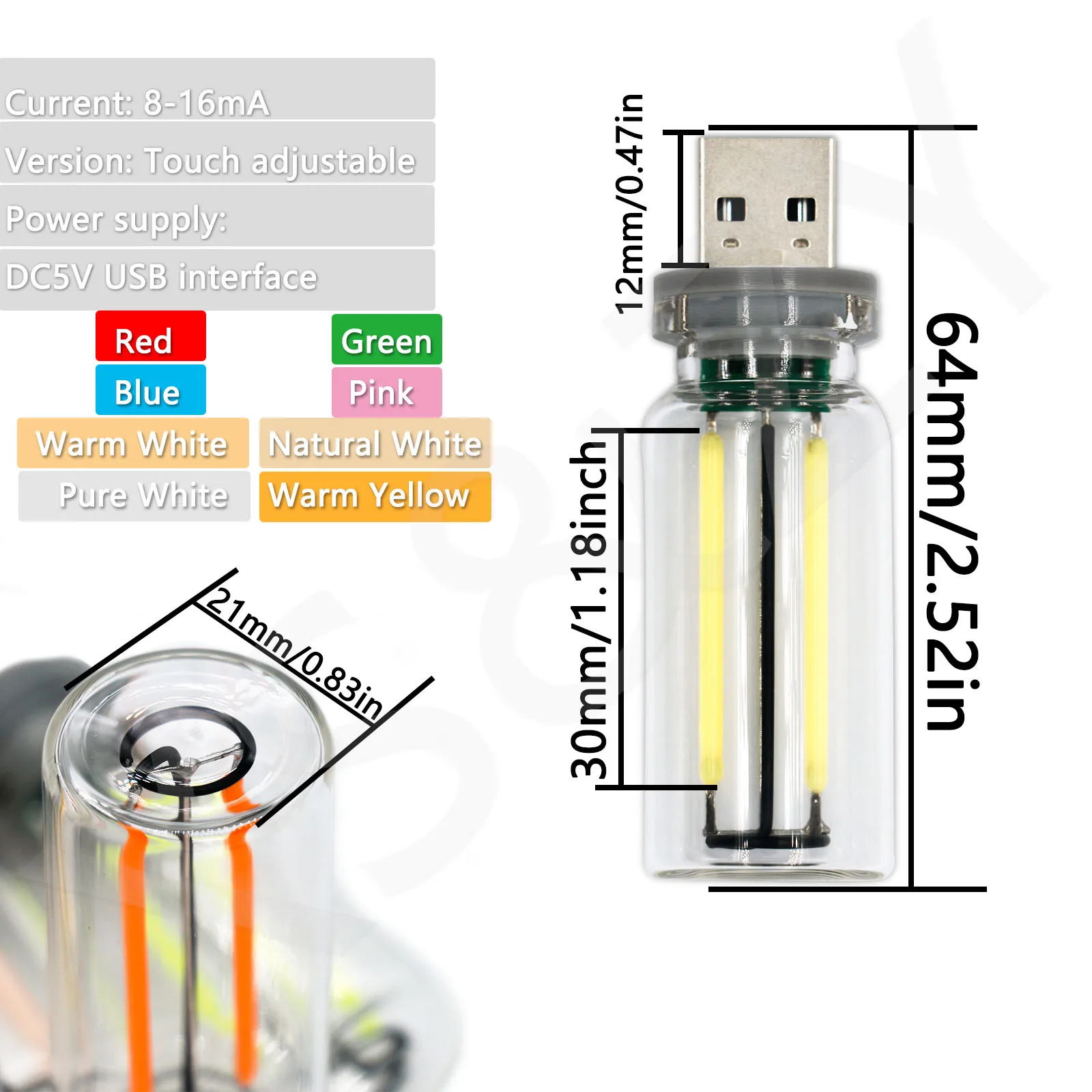 Imagem -02 - Led Edison Retro Noite Lâmpada Usb Toque Escurecimento Dc5v Branco Quente Vermelho Verde Azul Rosa Roxo Neutro Led Atmosfera Luz Peças