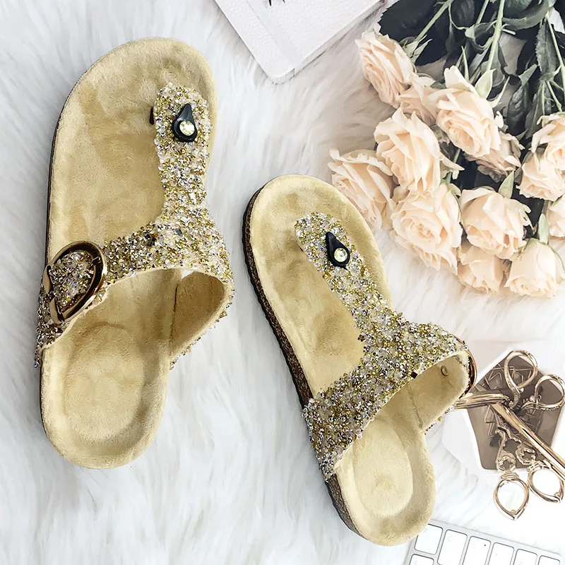 

Женская пляжная уличная обувь без шнуровки, повседневные шлепанцы со стразами, нескользящие пляжные женские тапочки