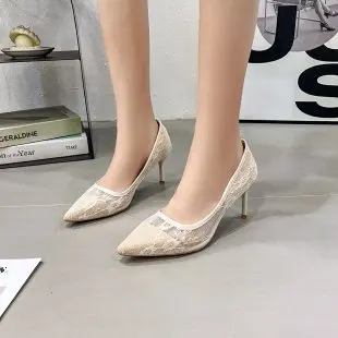 Comfortable High-heeled Shoes Women\'s 2023 New Style Lace Elegant Gentle Pointed Thin Heel Thin One Foot Pedal Single Shoes