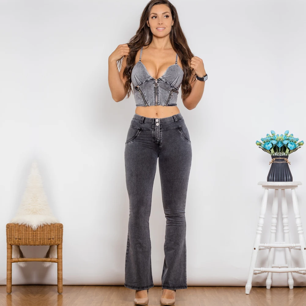 Shascullfites Shaper Suit Grey Denim Bodysuit Zipper Push Up Top Middle Waist Butt Lift Flare Jeans Women Two Piece Outfits