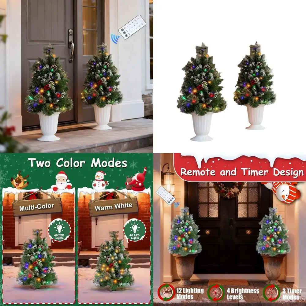 

Set of 2, 31 Porch Christmas Trees with 40 LED Lights, Remote Control, Warm White & Multicolor, Christmas Urn Filler, White Bran