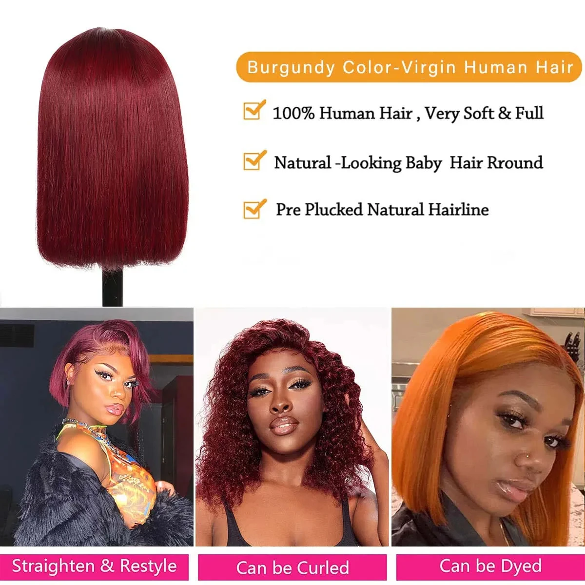 Parrucche Bob diritte per capelli umani Parrucche per capelli umani 100% 99J Colore bordeaux Glueless Parrucca Bob Parrucca Bob Parrucca brasiliana diritta anteriore in pizzo umano