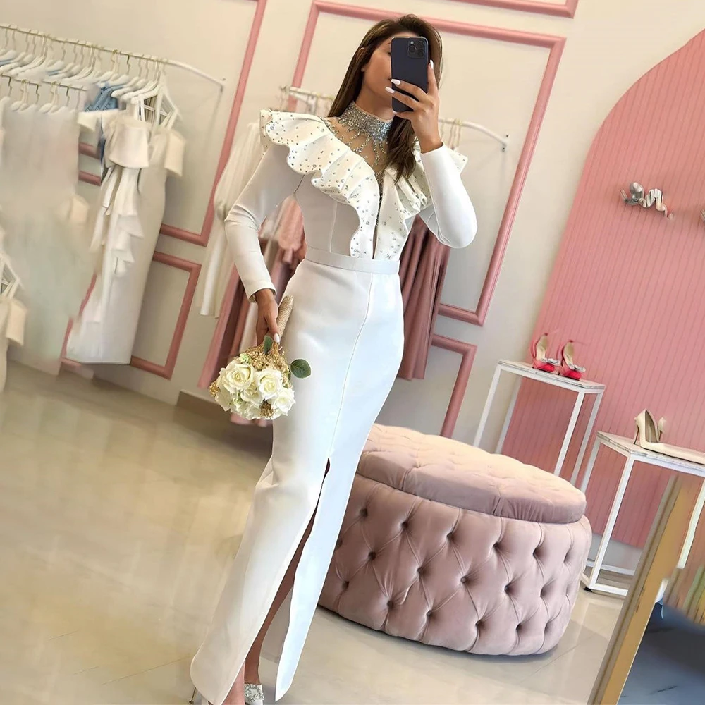 Long Sleeve Elegant White Straight High Slit Ruffless Prom Gown Patchwork Exquisite  Evening Dresses فساتين مناسبة رسمية