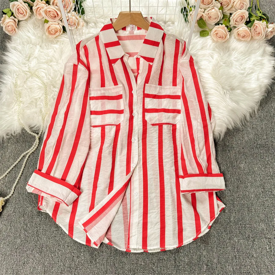 Women Shirt Single Breasted Turn Down Collar Cardigan Striped Blouses Pockets Loose Fit Shirts Casual Basics Button 2024