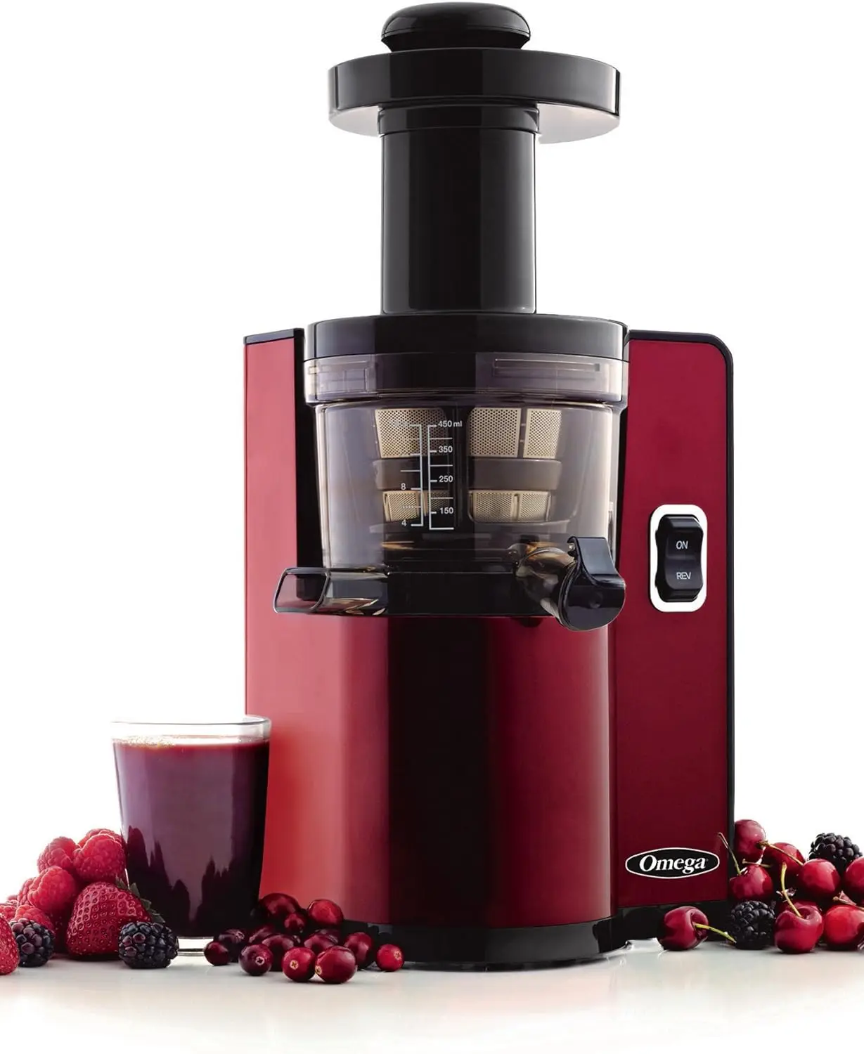 

Omega VSJ843QR Vertical Masticating Juicer, 43 RPM Compact Cold Press Juicer Machine with Automatic Pulp Ejection, 150 W, Red