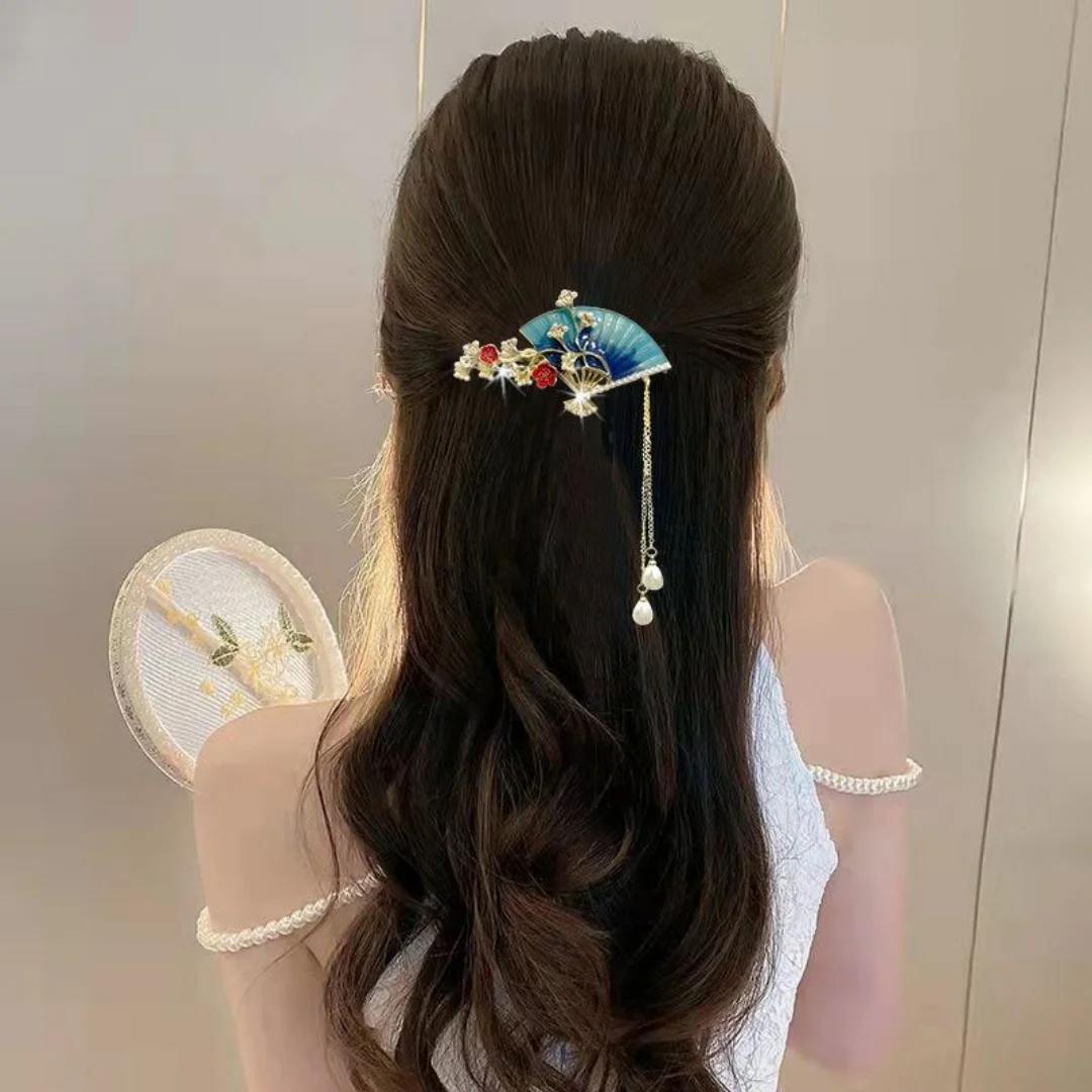 Accesorios Artísticos para el Cabello de Estilo Antiguo, Diseño en Forma de Abanico, Elegante Clip para Flequillo, Horquilla, Adorno para el Cabello Tipo Pico de Pato, Nuevo Estilo Chino