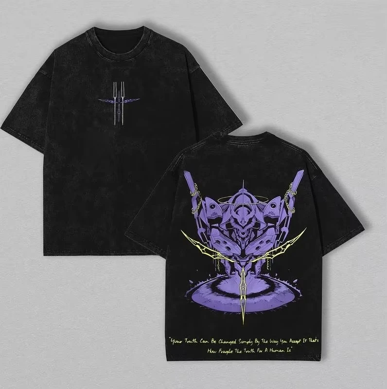 Evangelion Unit-13 T Shirt Men EVA 01 Vintage Acid Wash Mecha Streetwear Breathable Retro Japanese Anime Cotton Graphic Tees