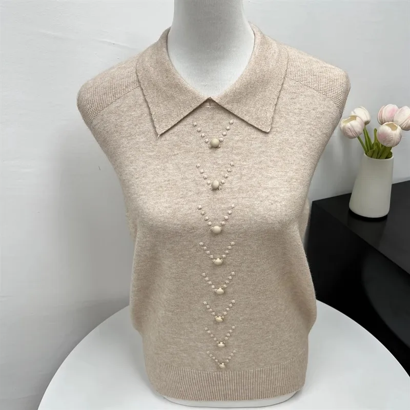 Women Collared Sleeveless Knit Vest Bead Decor Solid Color Casual Versatile Spring Top For Mom