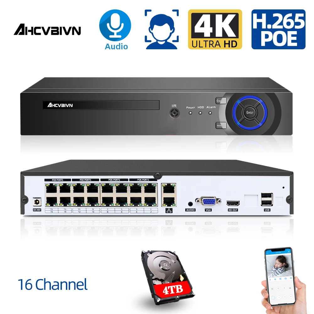 

Сетевой видеорегистратор Super 4K 16CH 8CH POE NVR CCTV P2P с функцией обнаружения лица, видеорегистратор для POE IP-камеры