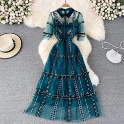 Sweet Memory Fashion Women Summer Embroidery Lace Turn Down Collar Short Sleeve Green Party Dress Casual Holiday Evening Dresses