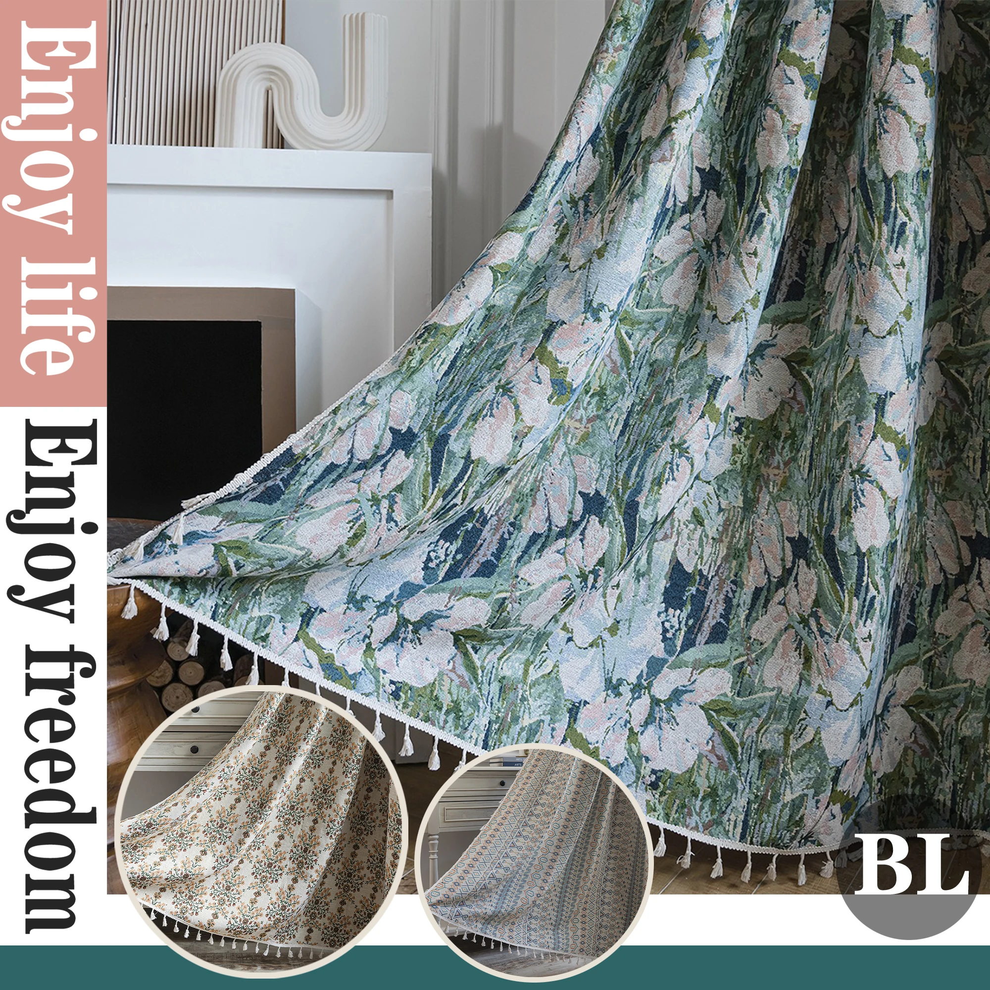 

American Style Cotton Linen Semi-blackout Jacquard Fringe Curtain Colorful Floral Curtains Living Room Bedroom Kitchen Valance