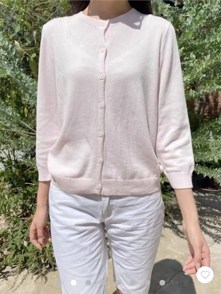 

Cute Pink Knitted Half Sleeve Cardigan Women Autumn New Casual Streetwear Cotton Buttons Coat All-match Chic SweetSweaters Tops