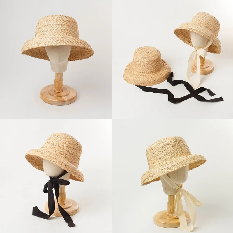 Sun Hat 53cm Head Circumference for Children Outdoor Chin Straps Adjust Straw Hat Girls Raffia Sun Cap Summer Beach Seashore