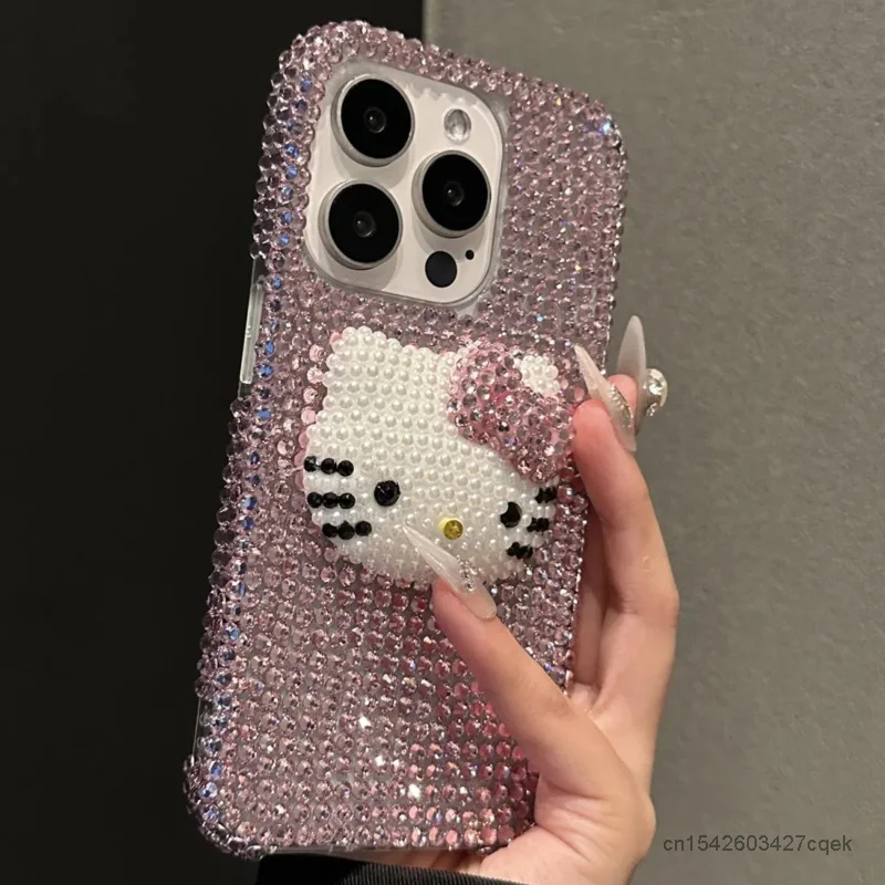 Sanrio Hello Kitty Full Pink Rhinestone Luxury Phone Cover For Iphone 12 13 14 15 Pro Max Korean Fashion Protecive Case Apple 11