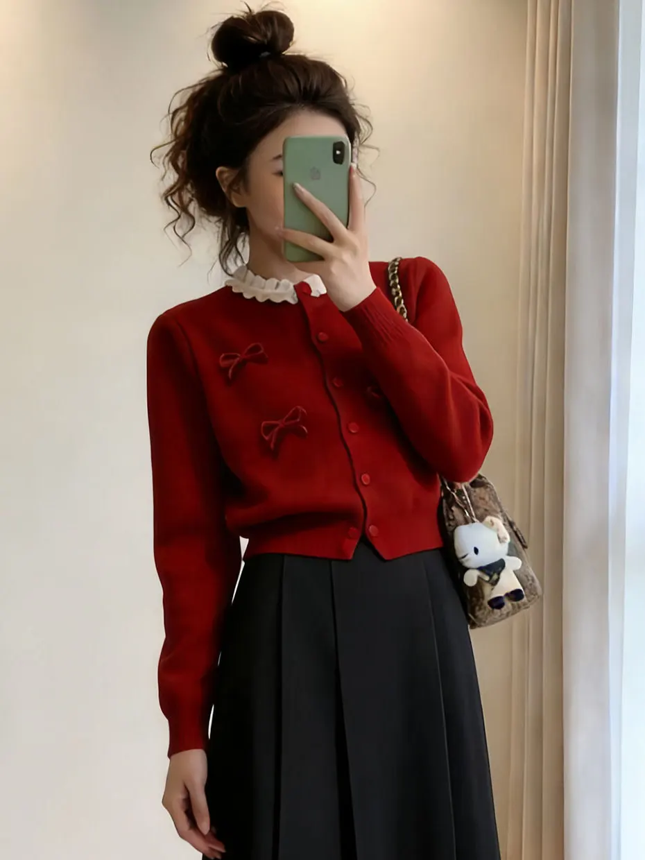 

Fashionable Red Knitted Skirt Set Women's Spring Wardrobe Essential Korean Style High Fashion New Year's Battle Dress Ensemble