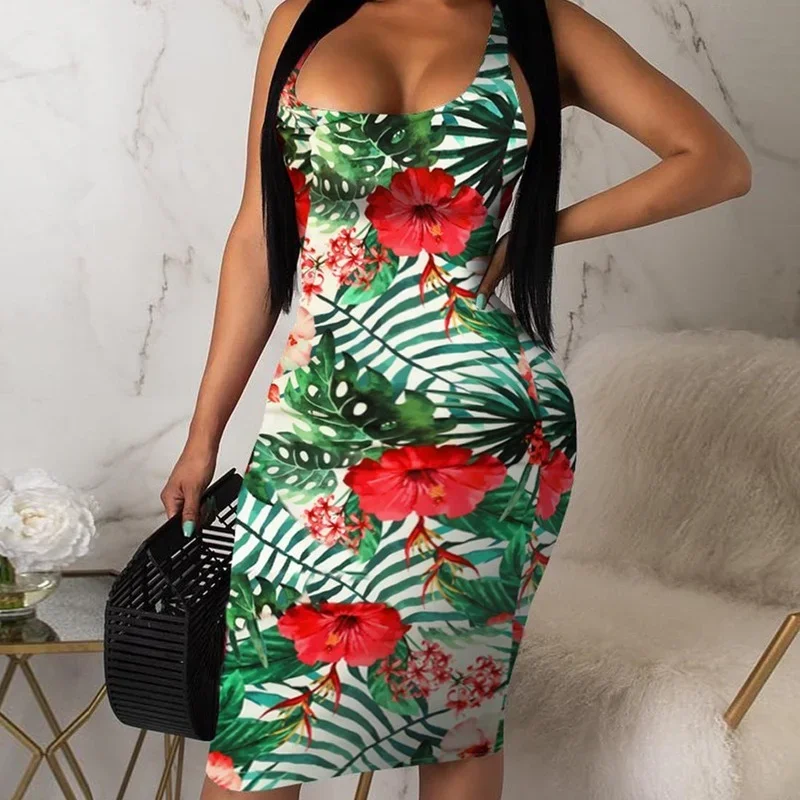 

Sexy Hawaiian Mini Dress Summer Sleeveless Boho Printed Beach Casual Loose Tight Sling Womens Sundress 2024 Vacation Outfits