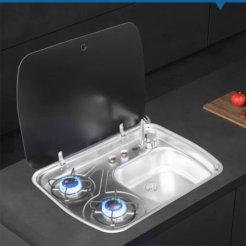 RV Gas Stove Conversion: Folding Sink with Lid, Stainless Steel Compact Portable Stove, Dual-Burner Gas Stove