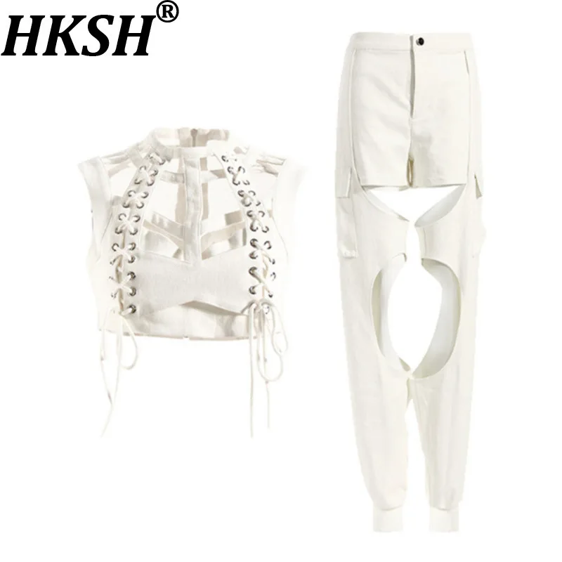 

HKSH Summer New Women Set Hollow Out Lace-up Zipper Strapless Sexy Vest Solid Color Chic Pants Dance Hip Hop Fashion Ins HK16729