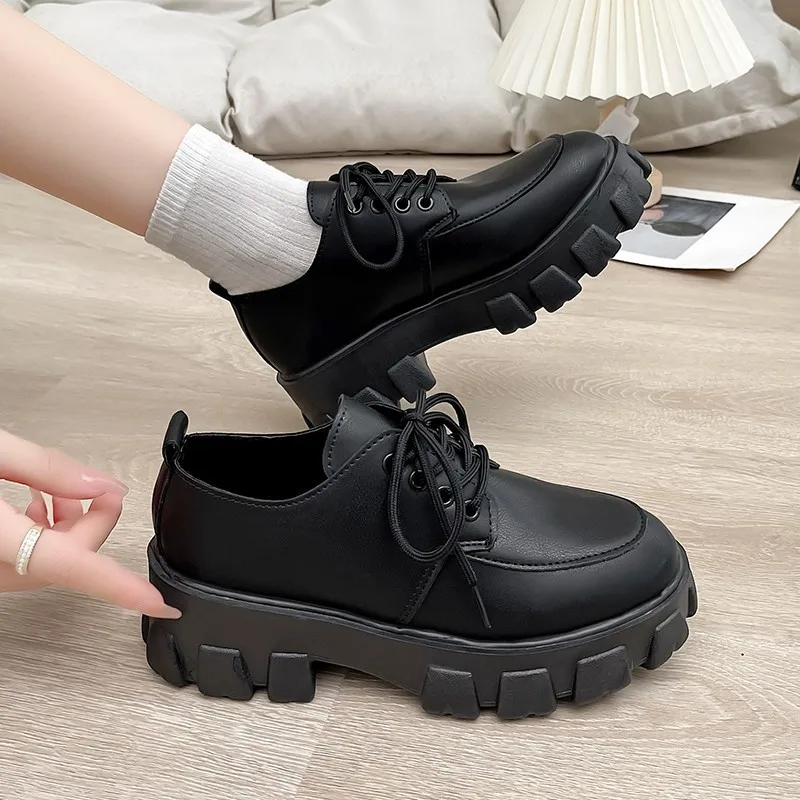 2025 Female Shoes Women Fashion Mary Janes Round Toe Flats Loafers Oxfords Platform Casual Metal Chain Buckle Ladies Heels Black image 2