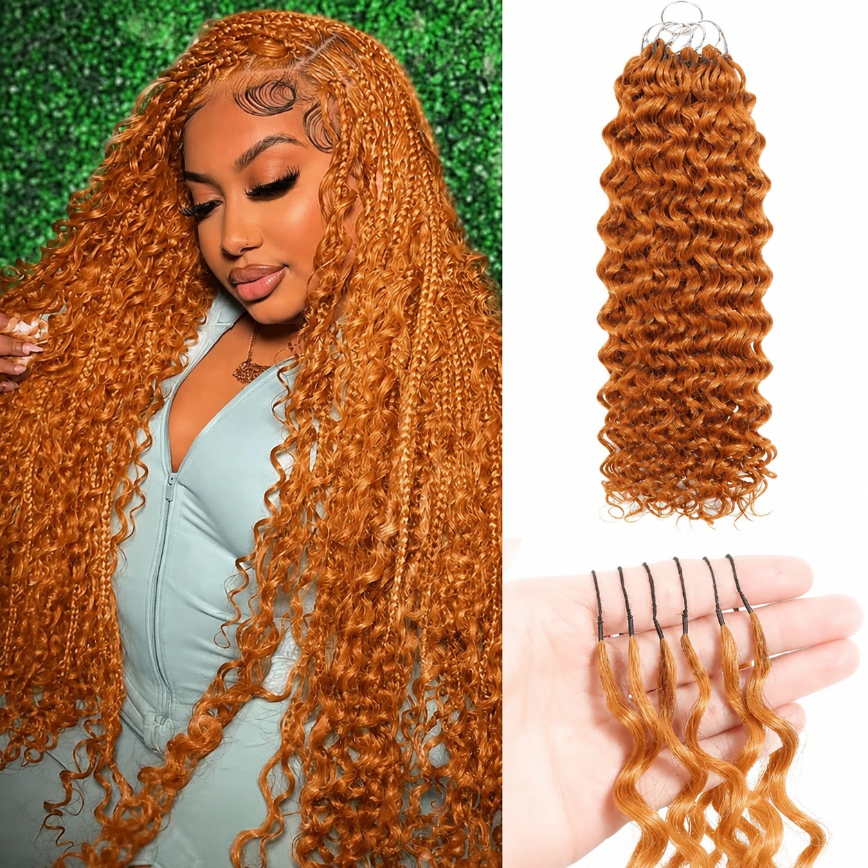 Miracle Knots 350 Ginger Orange Deep Wave Feather Crochet Human Hair Knotless Invisible Crochet Hair Extensions Boho Braids Hair