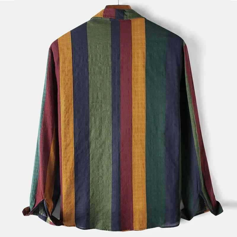 Spring Autumn Men's Fashion Stripes Casual Shirts Loose Long Sleeve Turn Down Collar Shirt Men Cotton Breathable Pockets Tops