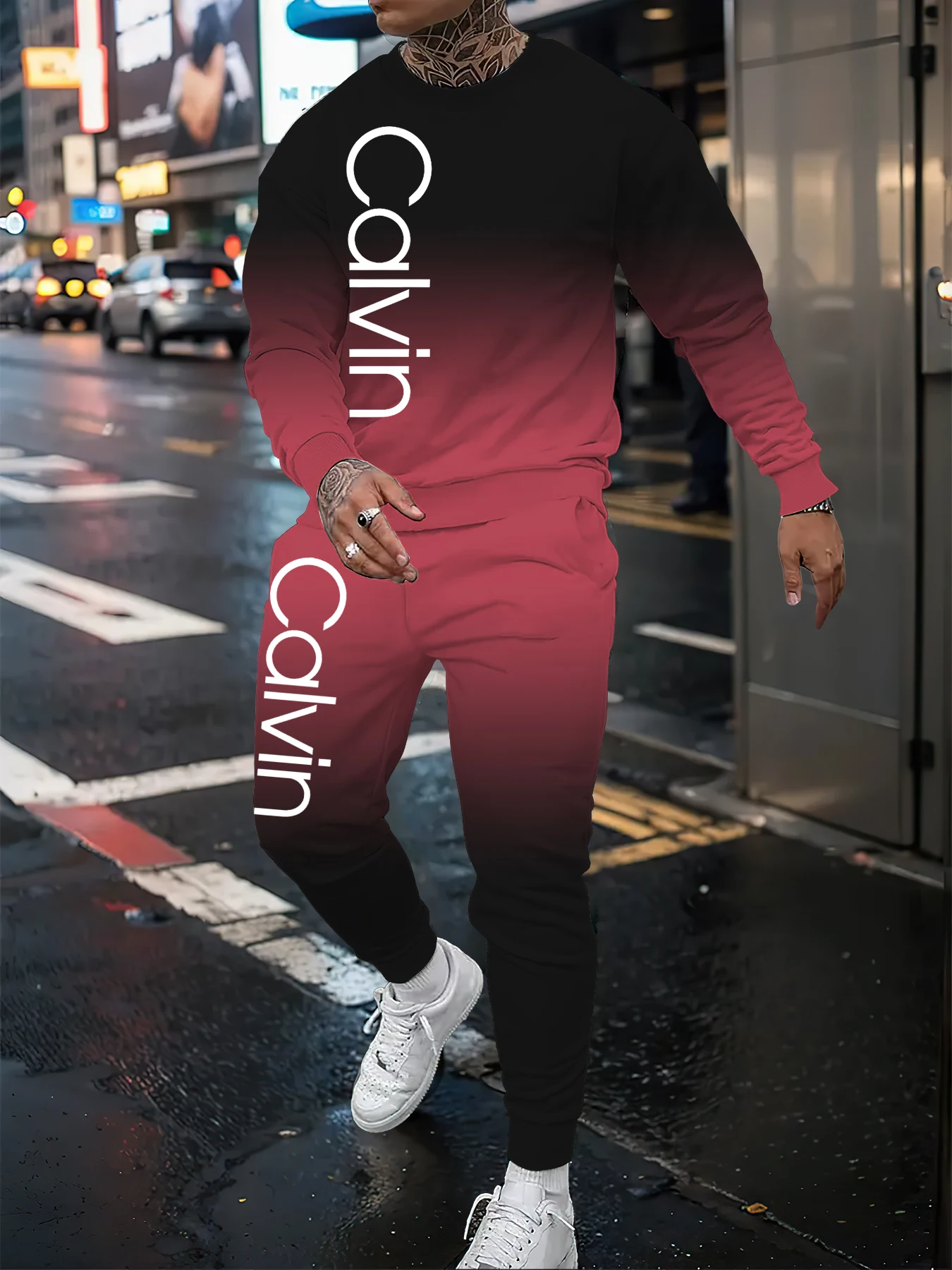 Casual 3D printed round neck long sleeved 2-piece set for urban street fashion men's casual round neck long sleeved outdoor casu