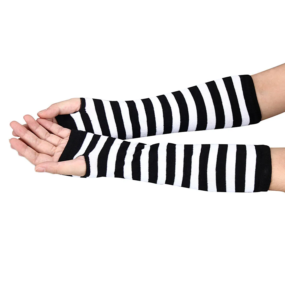 Women Long Sleeve Striped Fingerless Arm Warm Knitted Women\'s Wristband Solid Color Fashion Gloves Mittens Accessories