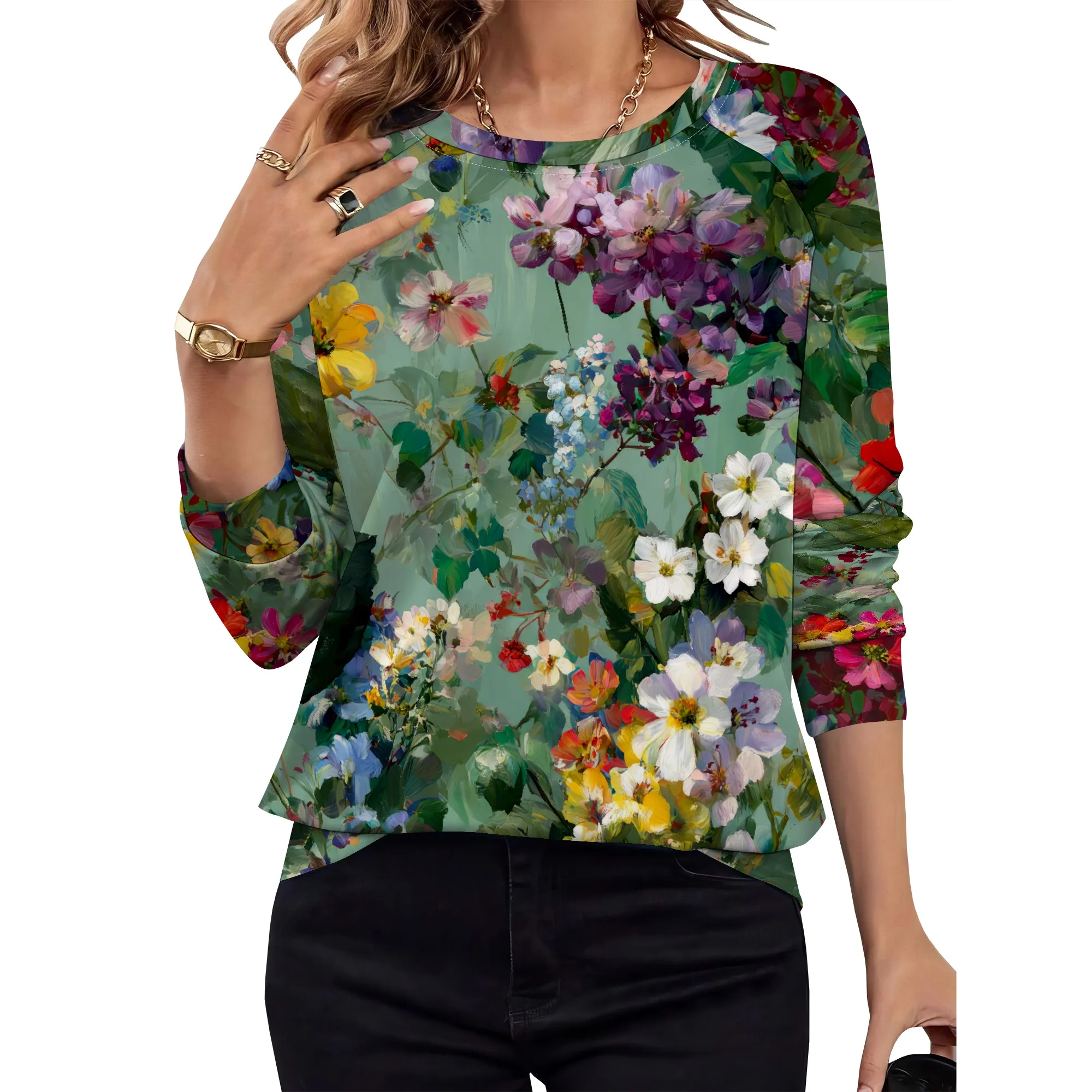 

Womens 3/4 Length Sleeve T Shirt Loose Fit Plus Size Crewneck Tops Casual Tees Fashion Summer Flower Graphic Blouses