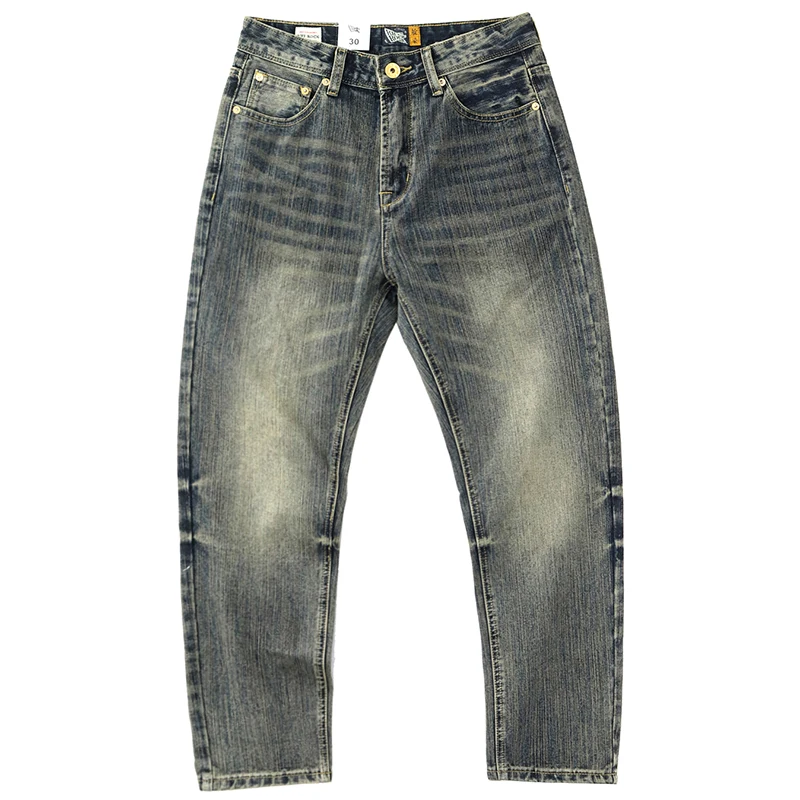 Jeans dritti piccoli con trama di bambù da uomo retrò americano lavato vecchia primavera e autunno nuovi pantaloni casual da uomo