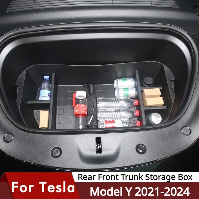 For Tesla Model Y 21-24  Accessories Front Rear Trunk Storage Box Double-Deck Luggage Organizer Dustproof Cargo Frunk Container