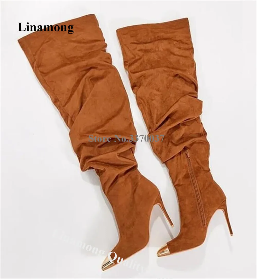 

Linamong Metal Gold Toe Patchwork Brown Suede Over Knee Boots Sexy Pointed Toe Loose Thin Heel Long Boots Big Szie Boots